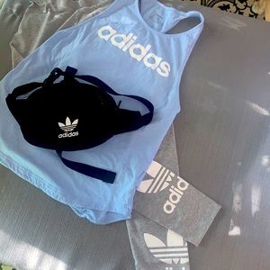Adidas bundle. One blue tank, grey leggings, black Fanny pack.